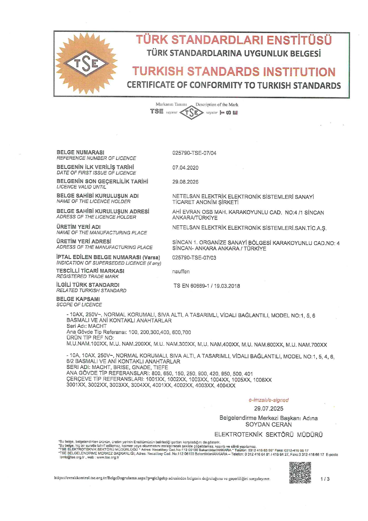 TSE 07 04 Belgesi (Sayfa 1)