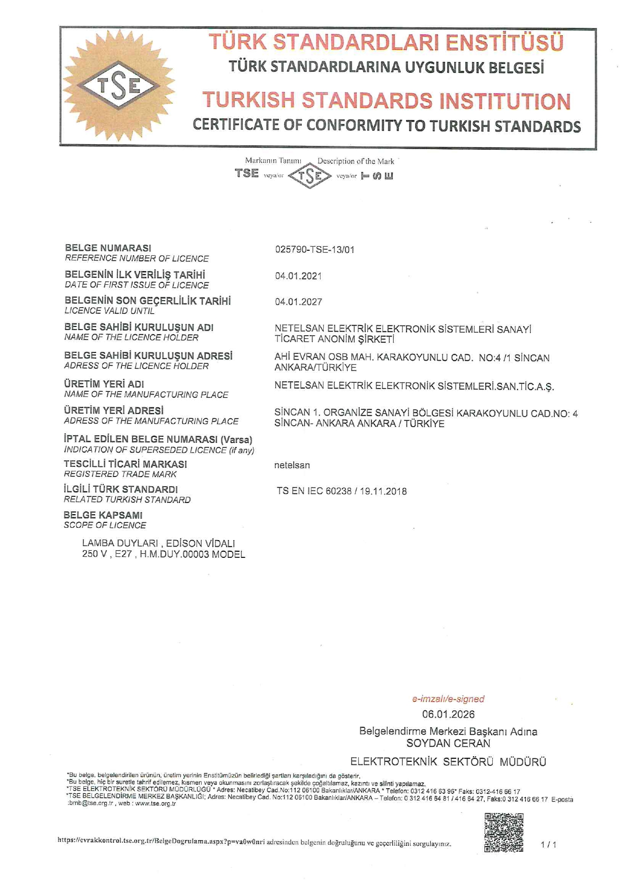 TSE 13 01 Belgesi (Sayfa 1)