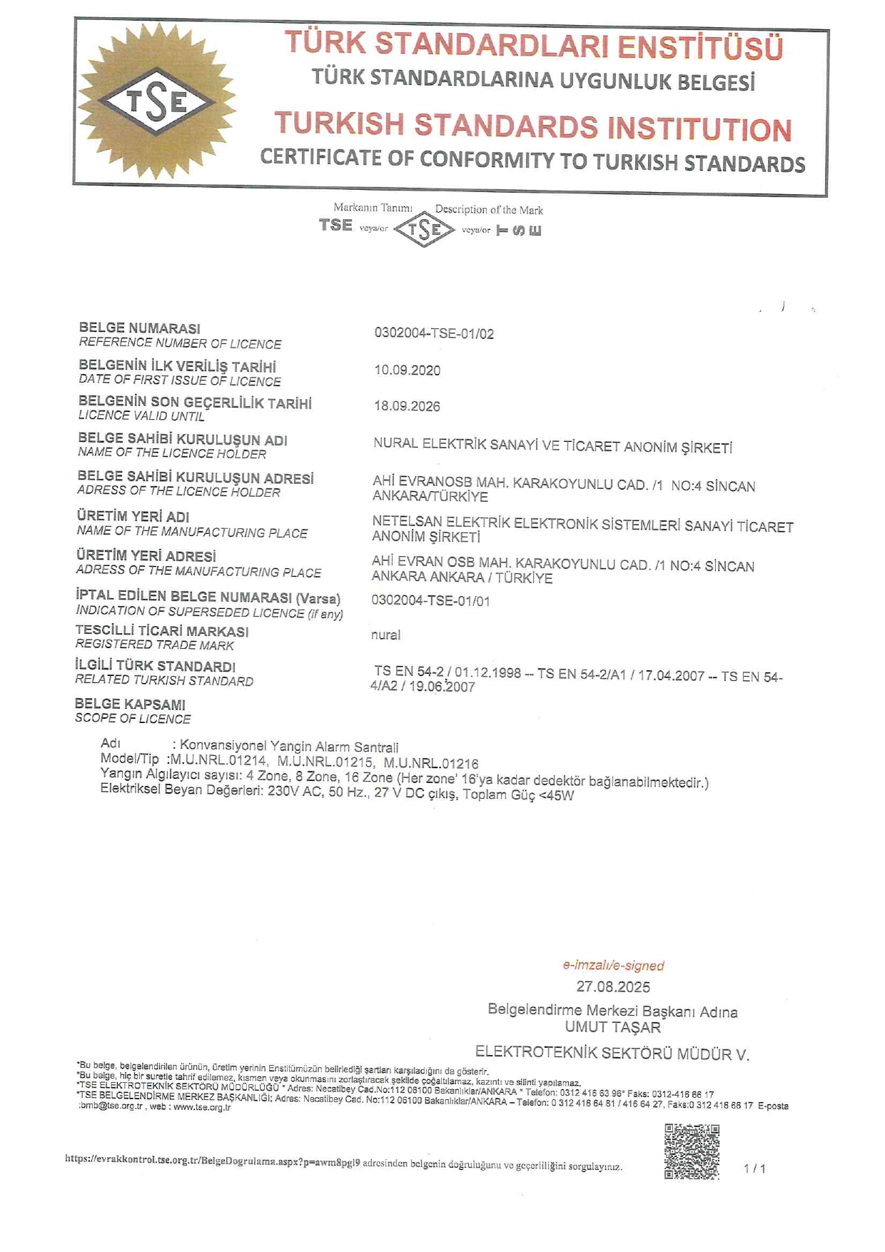 TSE 0102 nural Belgesi (Sayfa 1)