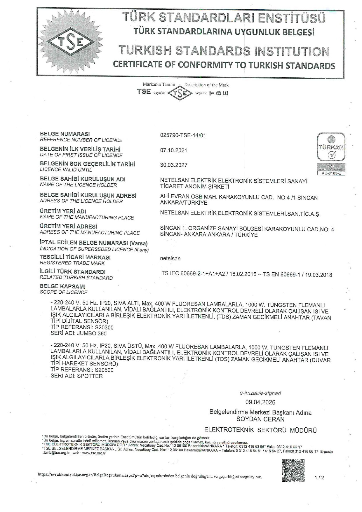 TSE SSÖR TS 60669 TARAMA Belgesi (Sayfa 1)