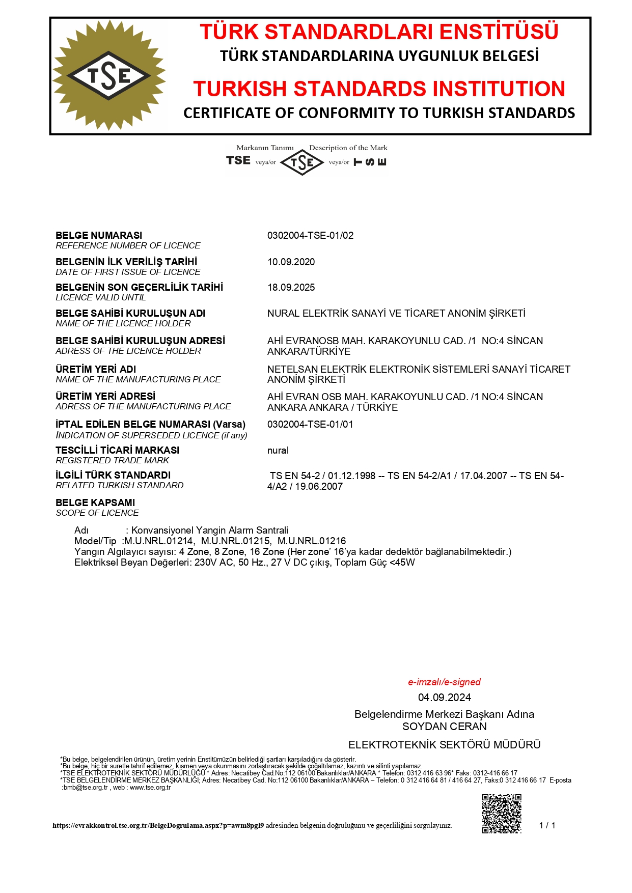 TSE Standart Uygunluk Belgesi (Sayfa 1)
