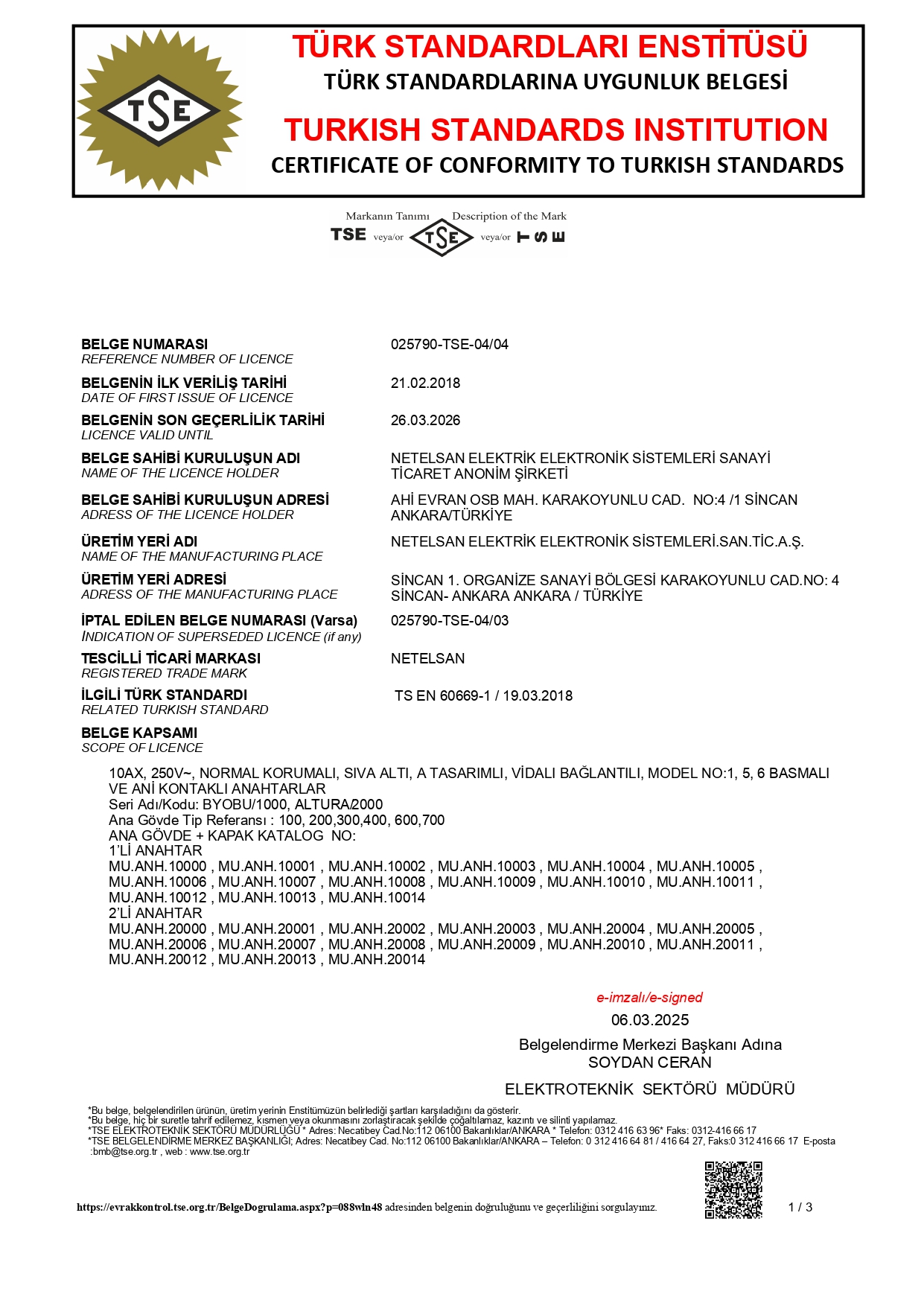 TSE Standart Uygunluk Belgesi (Sayfa 1)