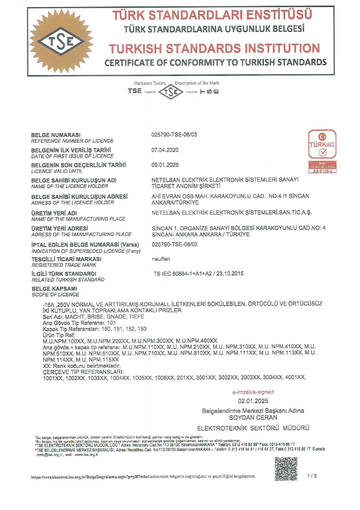 TSE Standart Uygunluk Belgesi (Sayfa 1)