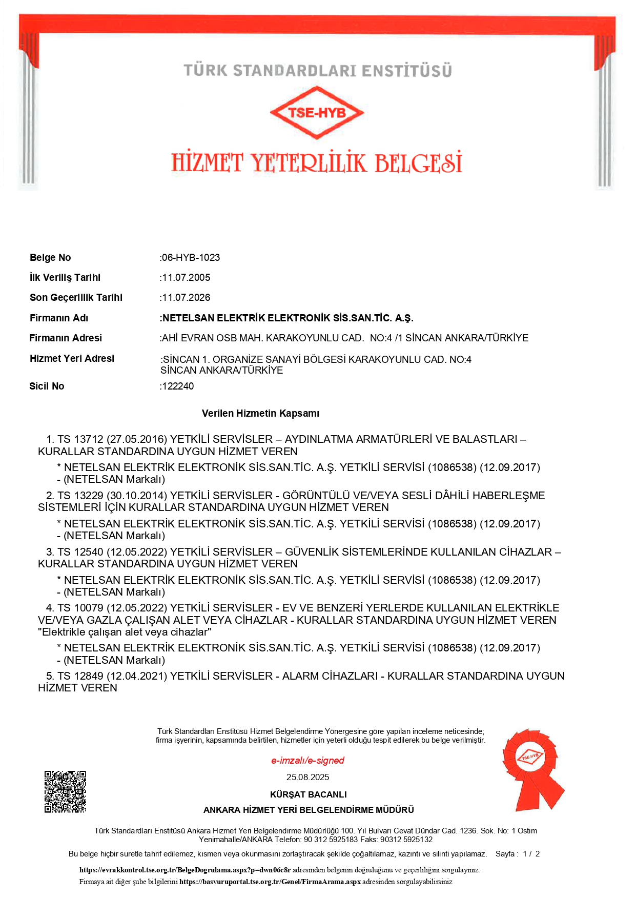 TSE Hizmet Yeterlilik Belgesi (Sayfa 1)