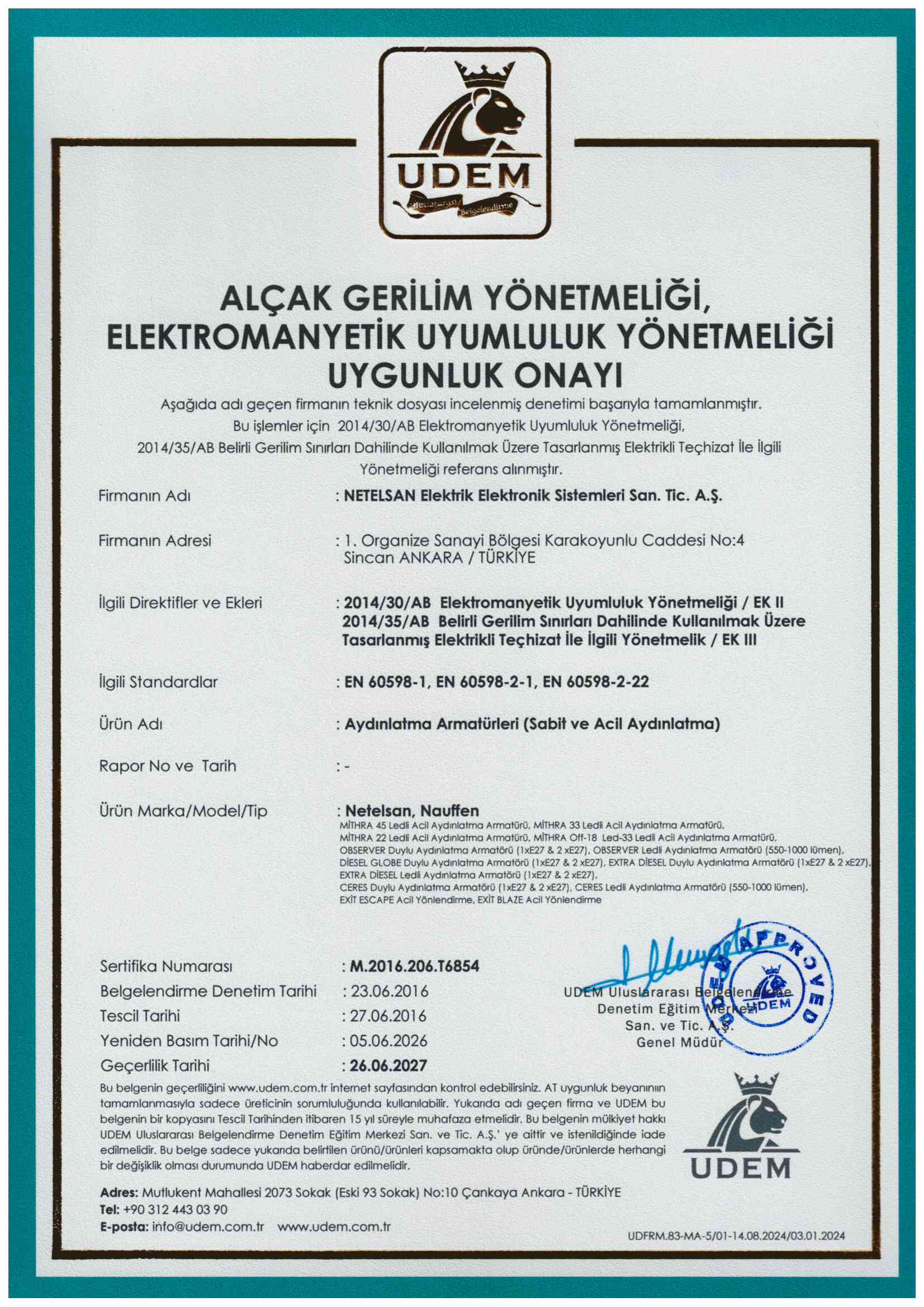 Aydınlatma Armatürleri CE Belgesi