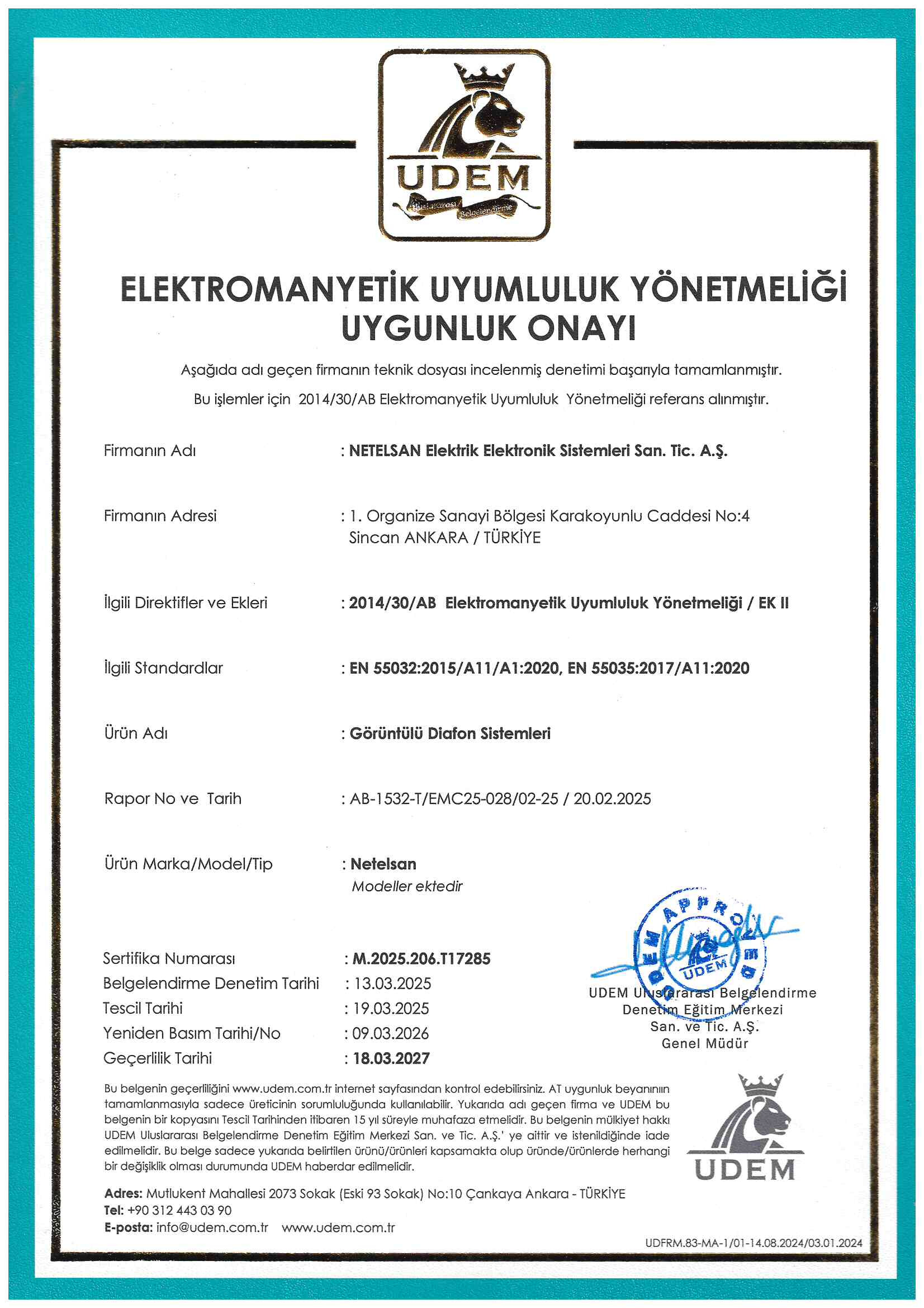 Görüntülü Diafon Sistemleri CE Belgesi