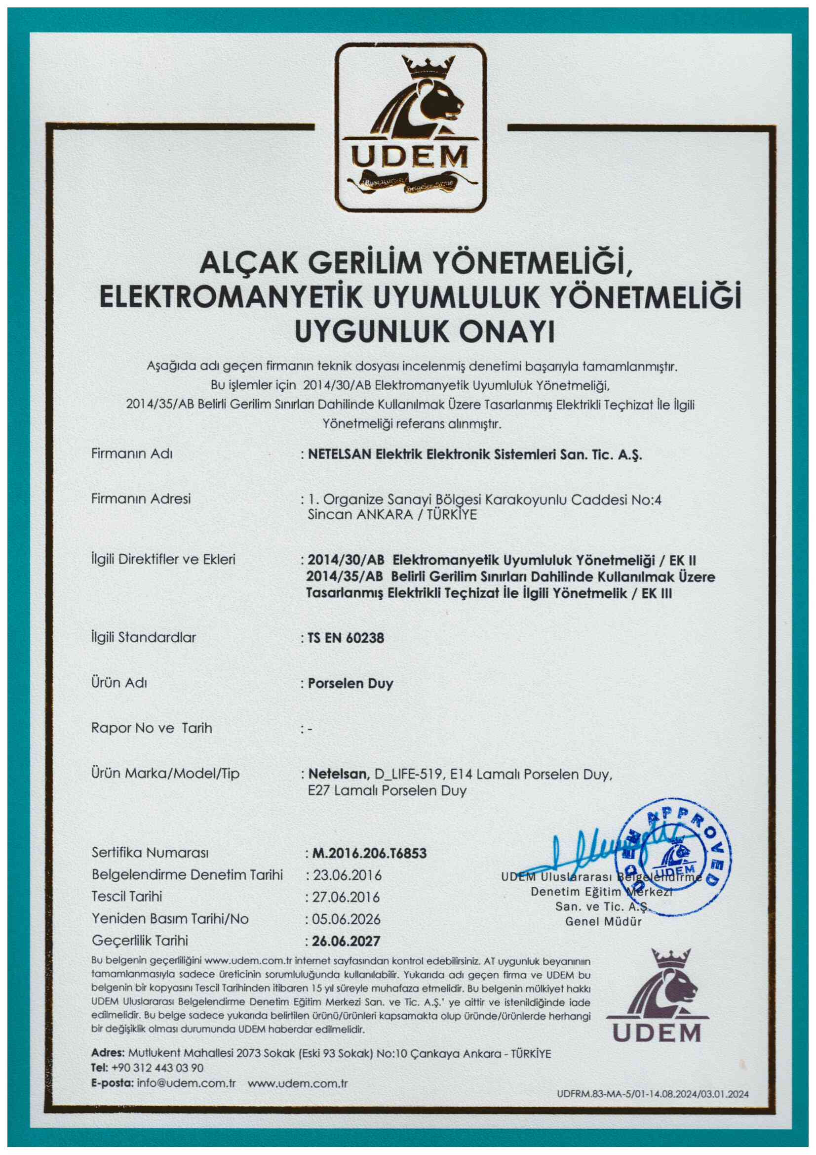 Porselen Duy CE Belgesi