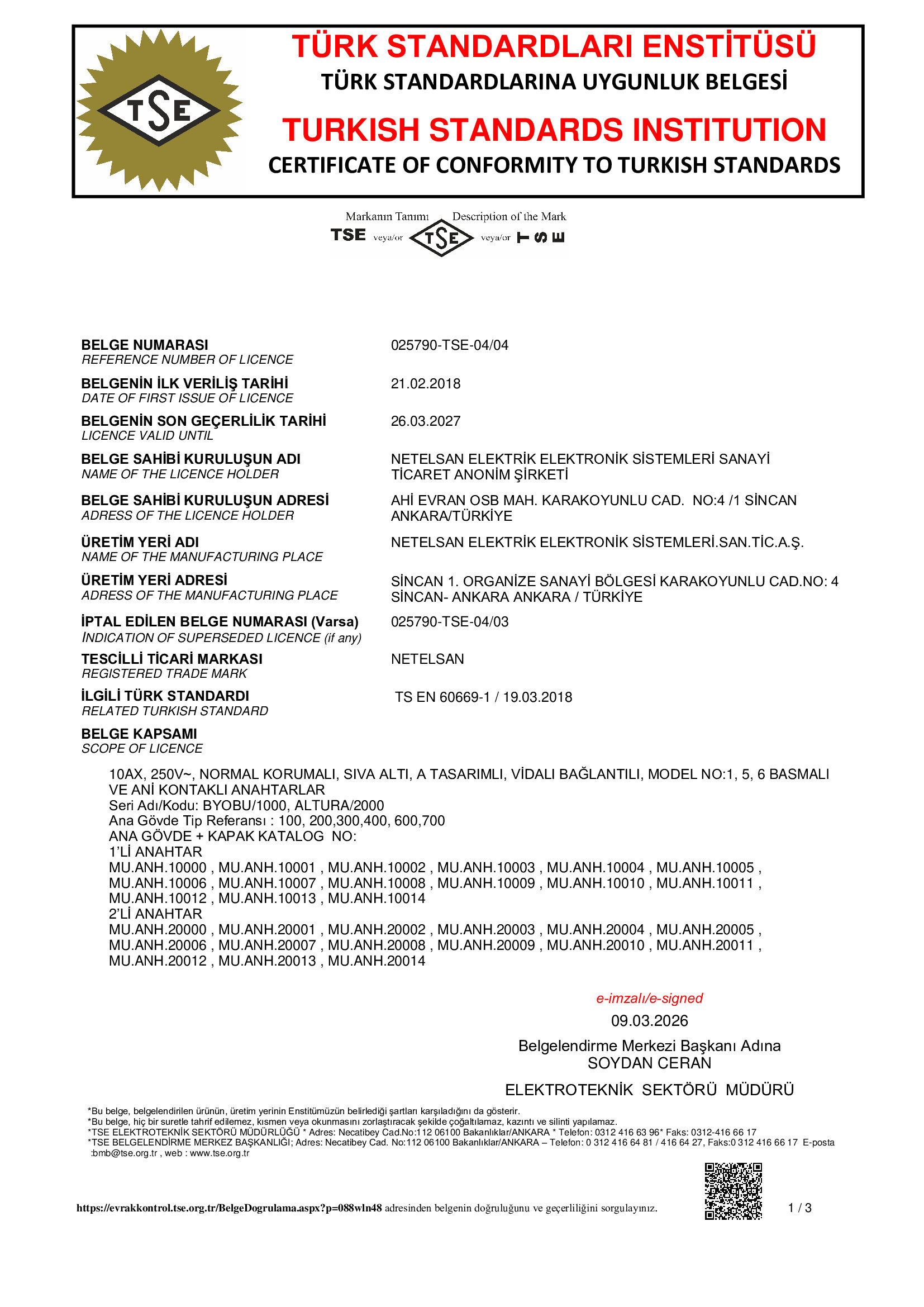 Anahtar Ürün Grubu TSE-04-04