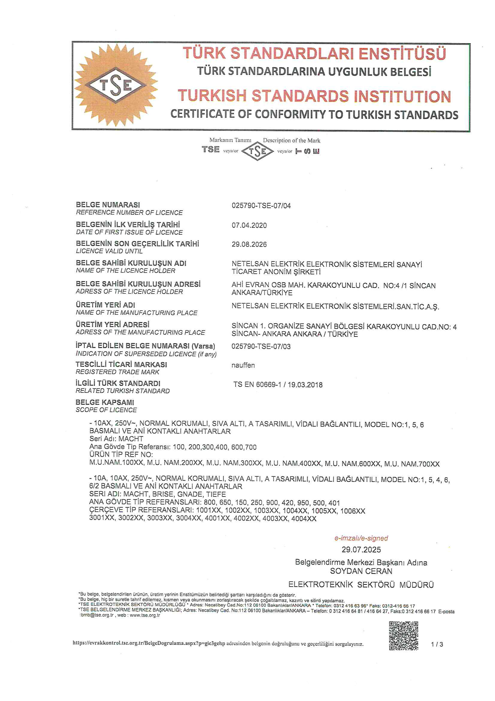 Anahtar Ürün Grubu TSE-07-04
