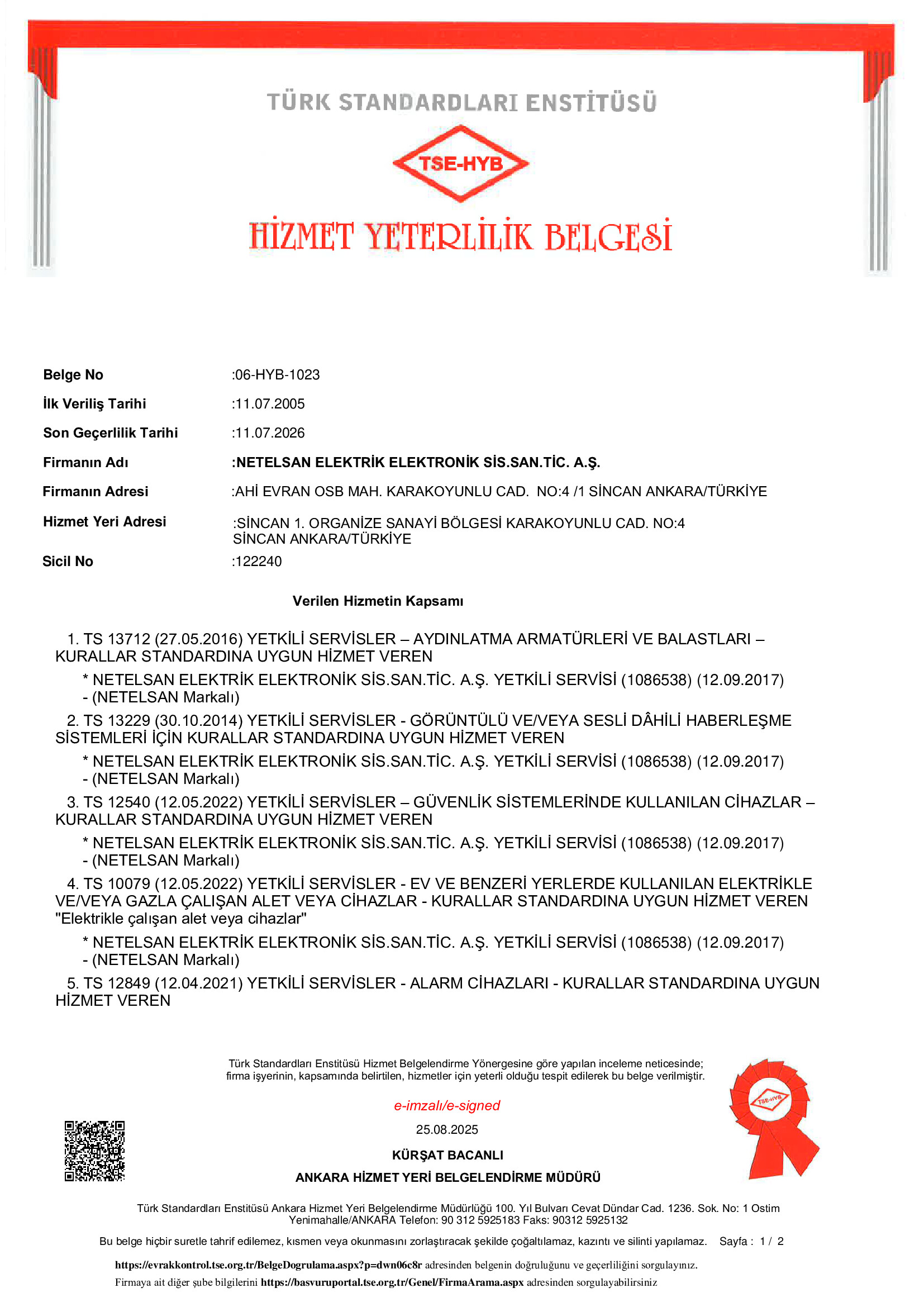 Hizmet Yeterlilik Belgesi TSE