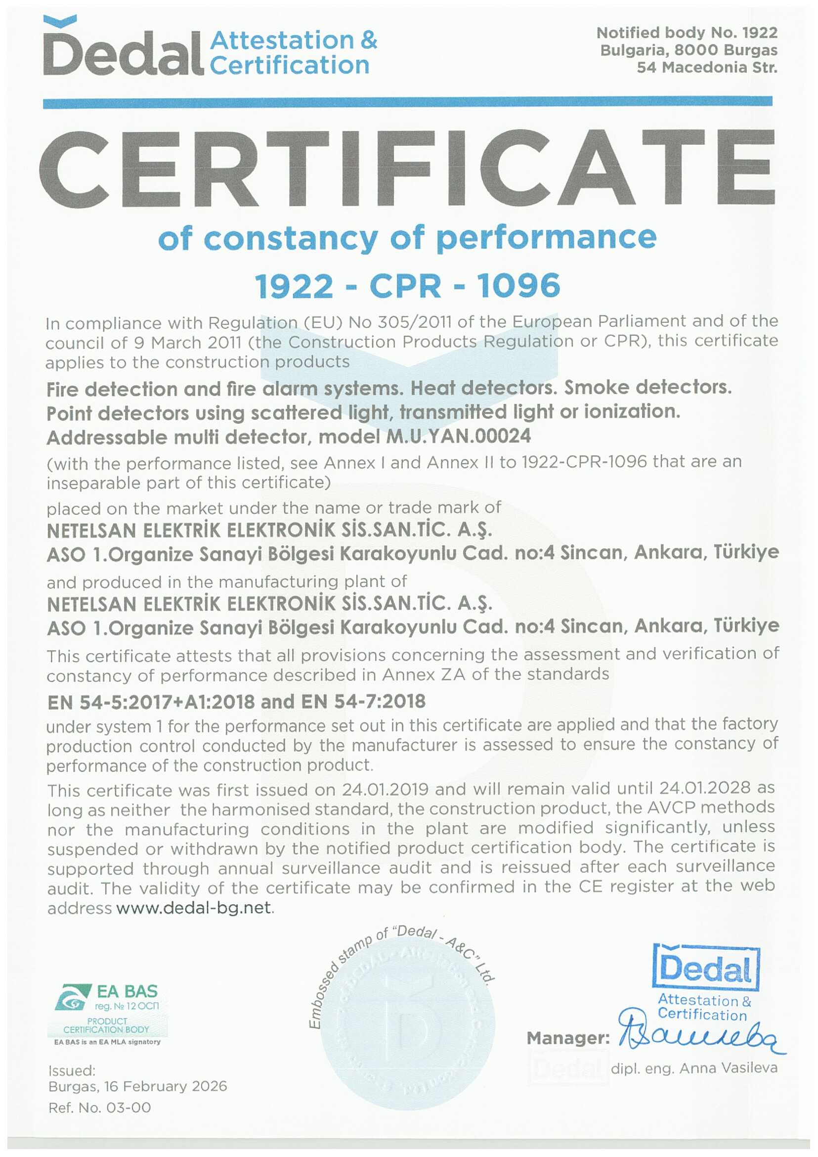 Adresli Optik Duman Sıcaklık Dedektörü 1922-CPR-1096
