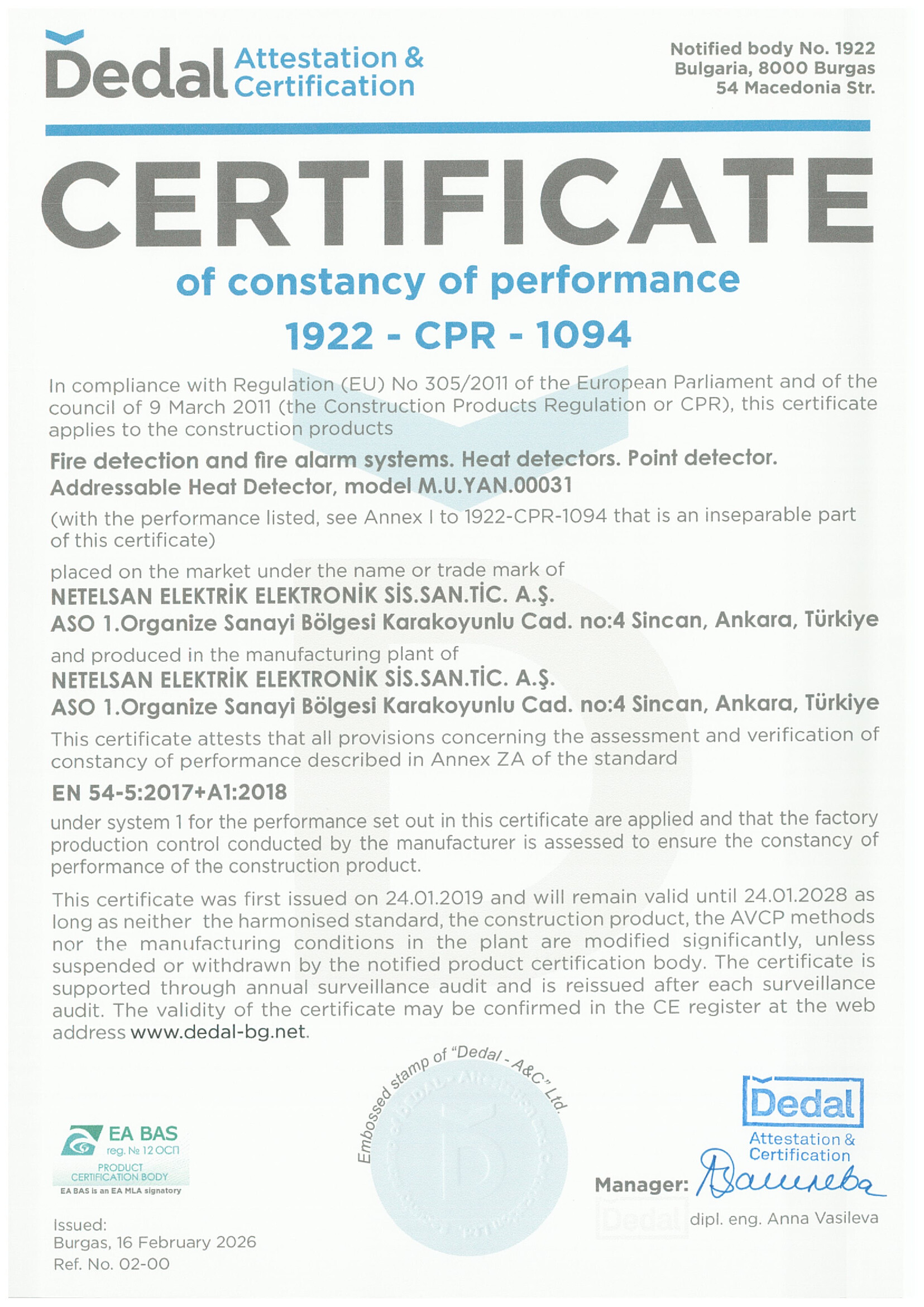 Adresli Sıcaklık Dedektörü 1922-CPR-1094