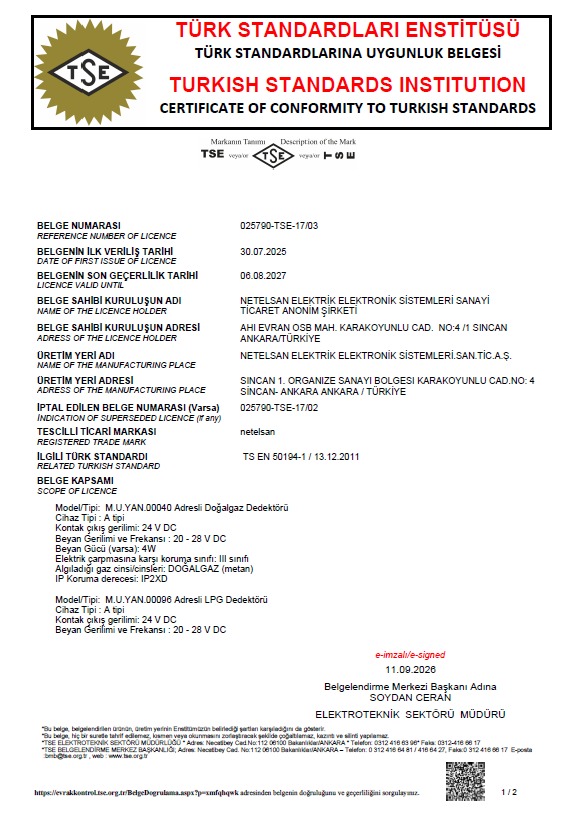 Doğalgaz Lpg Dedektörleri TSE-17-03